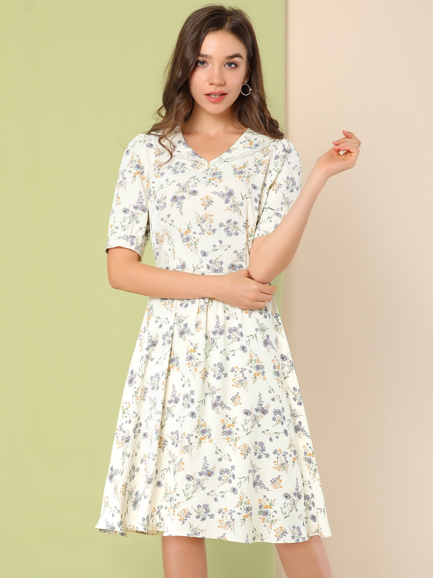DARING DIVA Peter Pan Collar A-Line Flowy Midi Chiffon Floral Dress S White