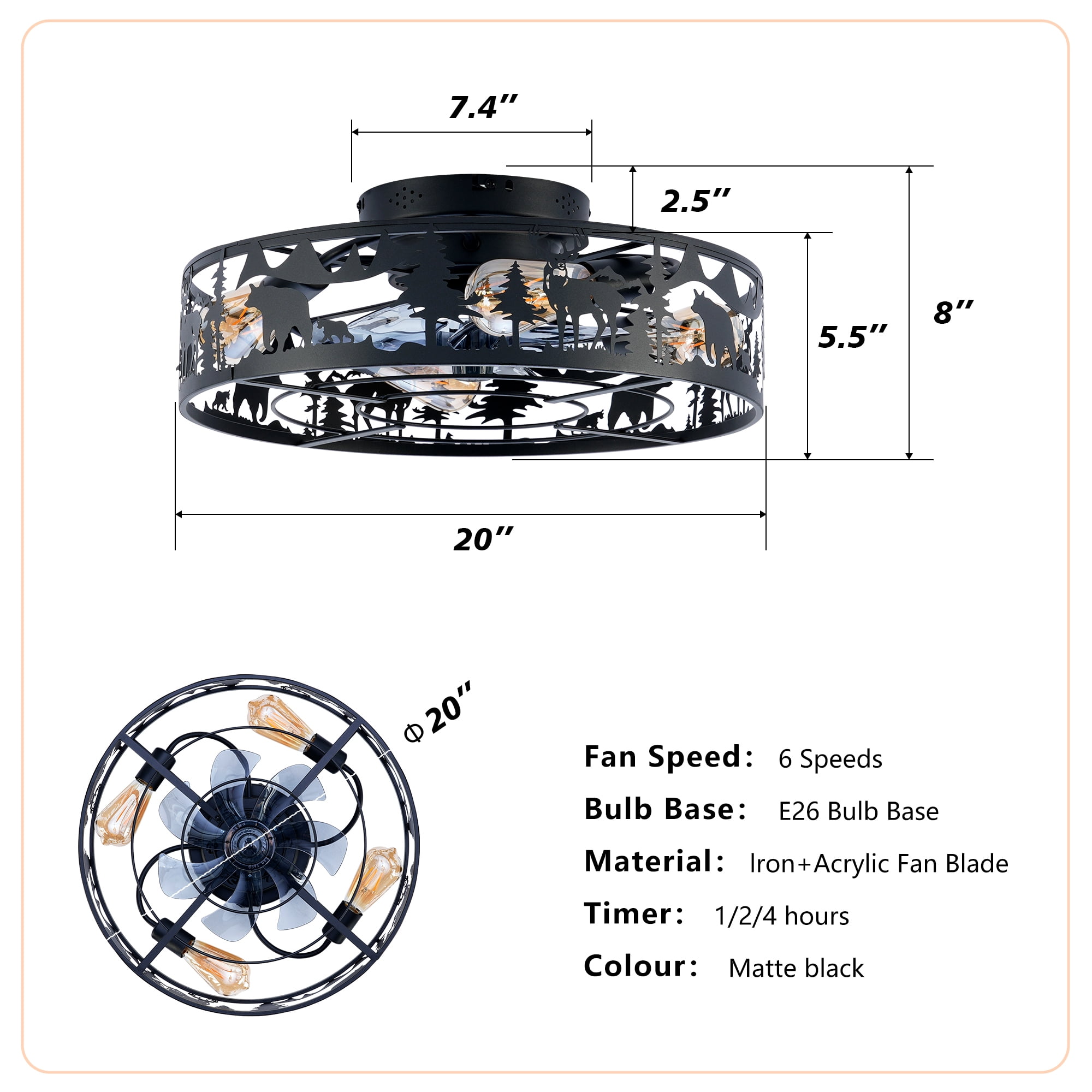 Leumius 20" Black Caged Ceiling Fans with Lights and Remote, Flush Mount Caged Ceiling Fan 6 Speed Reversible with Remote Control for Living Room Bedroom Dining Room (NOT Included Bulbs)