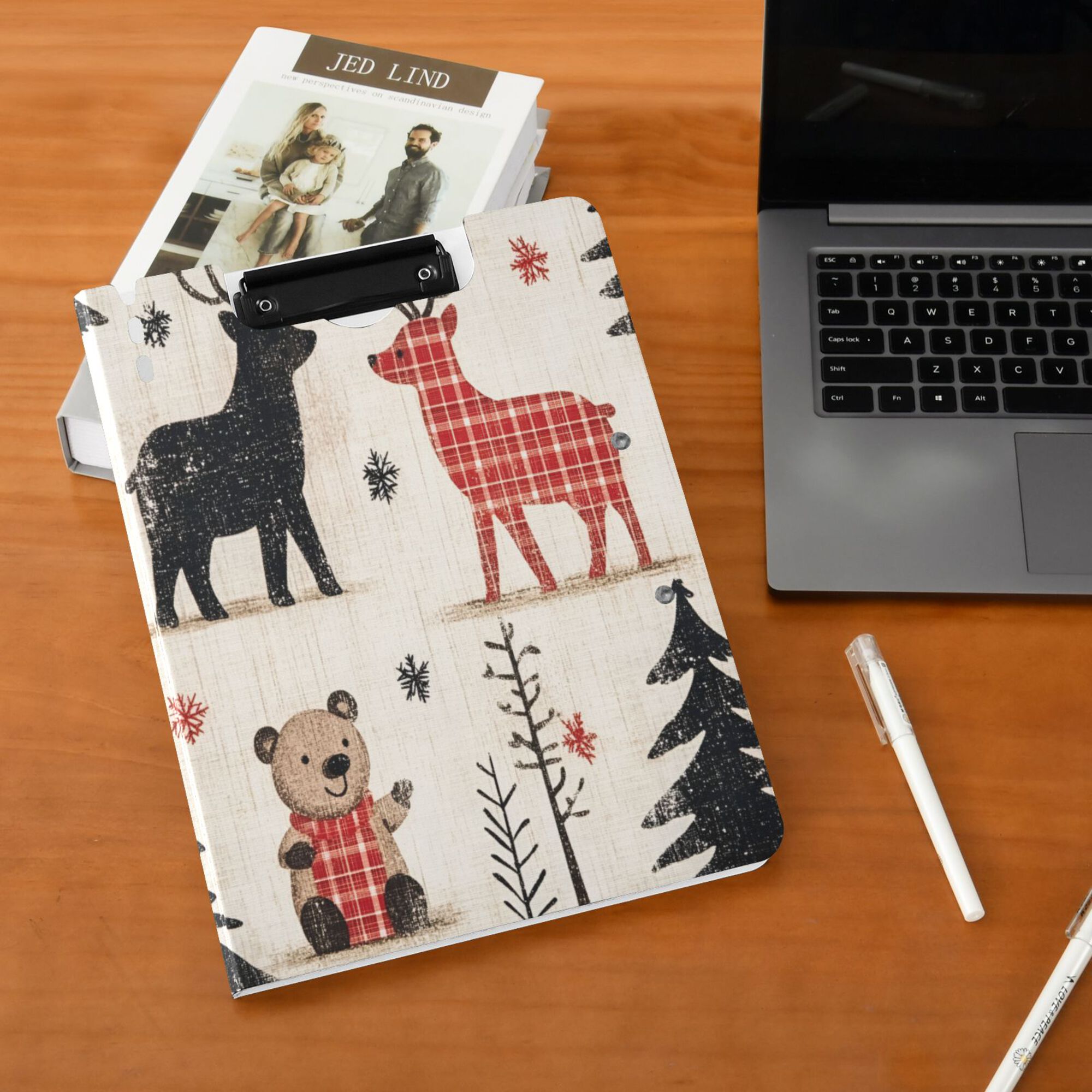 FORMRS A4 Clipboard Folder with Pen Holder Horizontal Foldable School Office Binder, Retro Christmas Forest