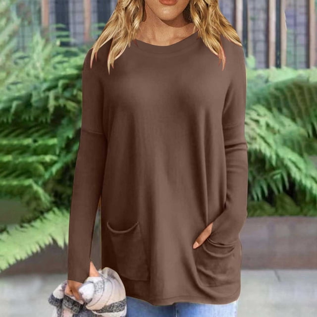 Femmes Manches Longues Tops Femme de Mode Manches Longues Tops Couleur Unie Col Rond Tops avec Poche