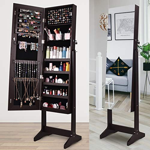 (Open Box) AOOU Jewelry Cabinet with Mirror Full Length, Jewelry Armoire Jewelry Organizer Standing Storage Lockable Jewelry Cabinet, 3 Adjustable Angle (Brown)