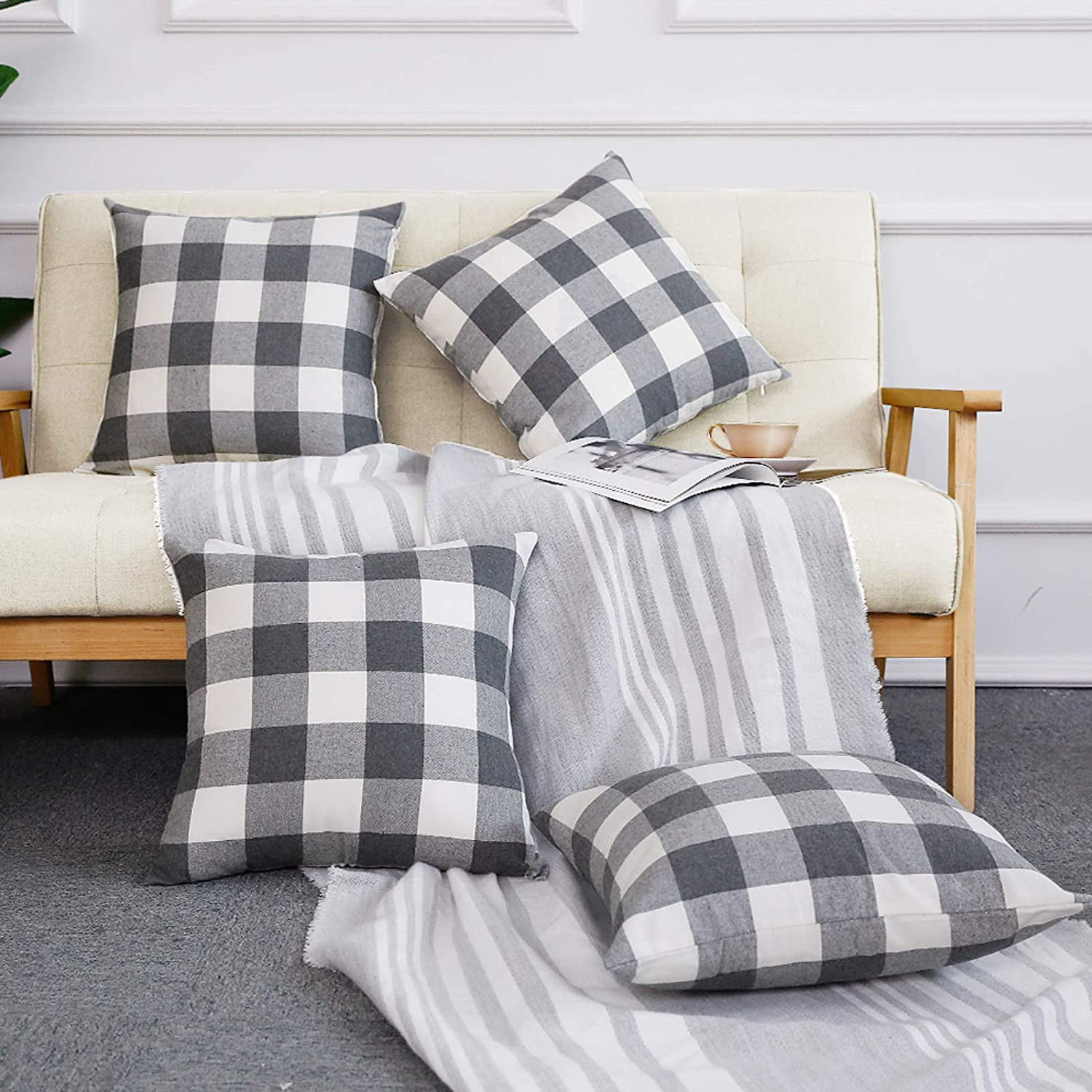 4 pack 18x18 Pack White and Black Buffalo Check Plaid Throw Pillow Case Covers 