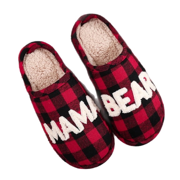 BERANMEY MAMA Bear Slippers for Women Warm Memory Foam Plaid Print Fuzzy Indoor Outdoor Non-Slip House Shoes for Women and Men