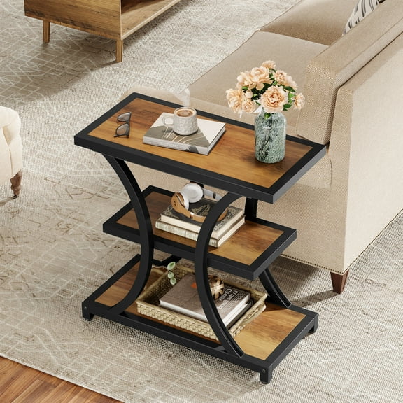 Finmind End Table with Storage, Industrial Nightstand with Geometric Metal Design for Small Spaces,Rustic Brown