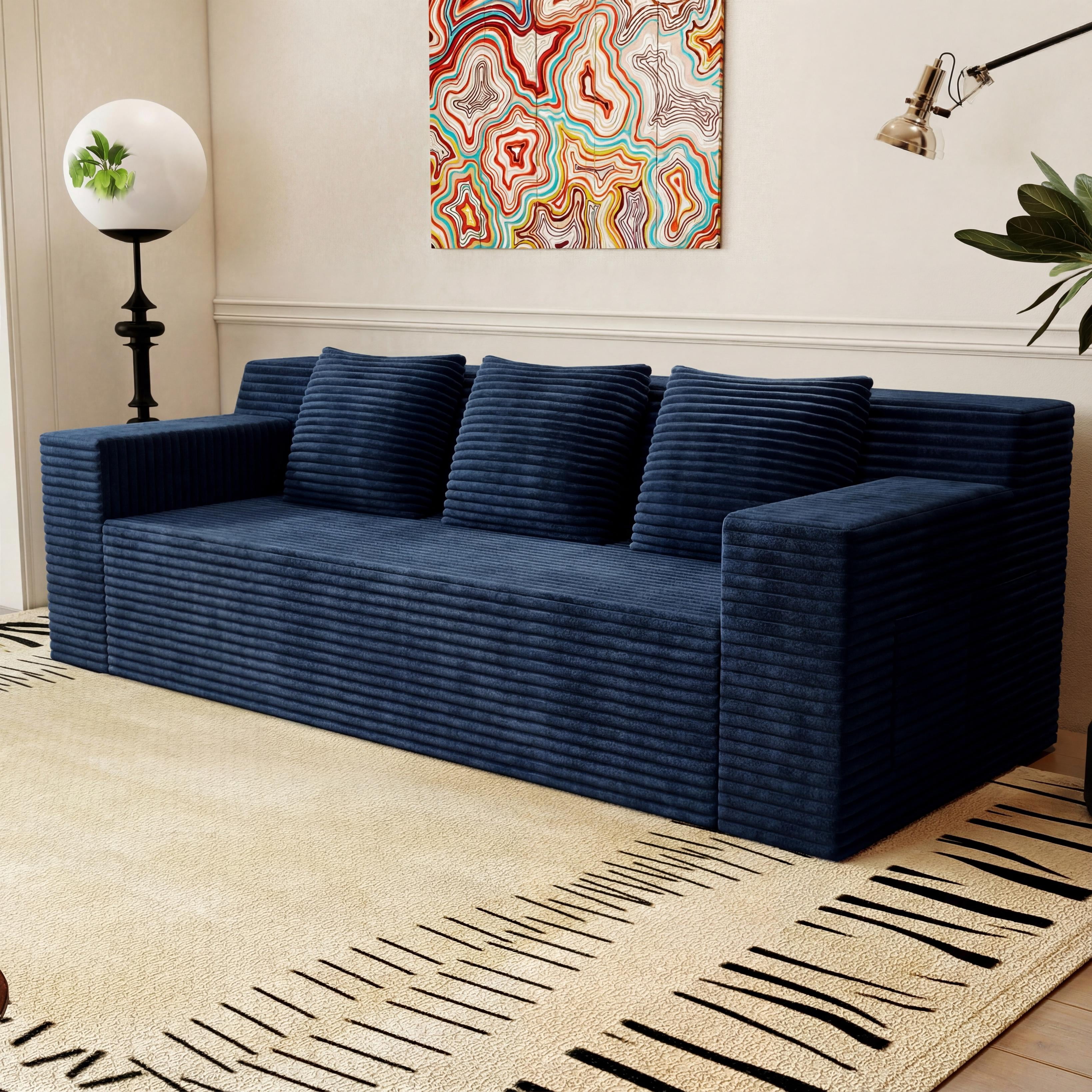 HSUNNS 71" 3 Setaser Sofa, Comfy Extra Deep Seat 3 Seater Couch for Living Room with Soft Upholstered, Free 3 Pillows and Side Pockets, No Assembly Required, Blue