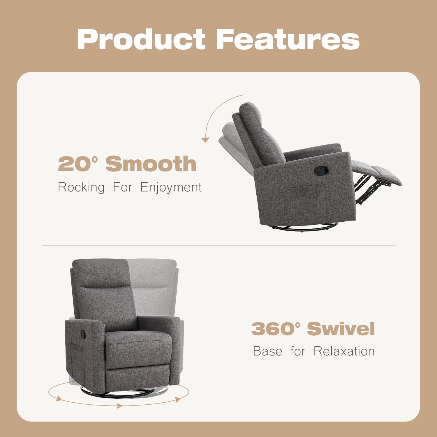 Luxurious Rocking Chair Nursery, Swivel Rocker Recliner for Ultimate Comfort in Your Nursery, Living Room, and Bedroom, Gray