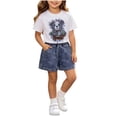 thumbnail image 2 of SGFCWSX Girls 2 Piece Outfits Summer Graphic Short Sleeve T Shirt Elastic Waist Denim Shorts Set for Kids White Size 6, 2 of 6