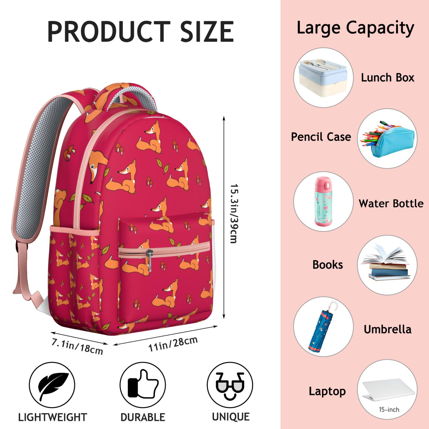 Cute Fox Cartoon Print Waterproof School Backpack - Ergonomic Student Bookbag with Spinal Support, Breathable Straps & Multiple Pockets for s & College Students