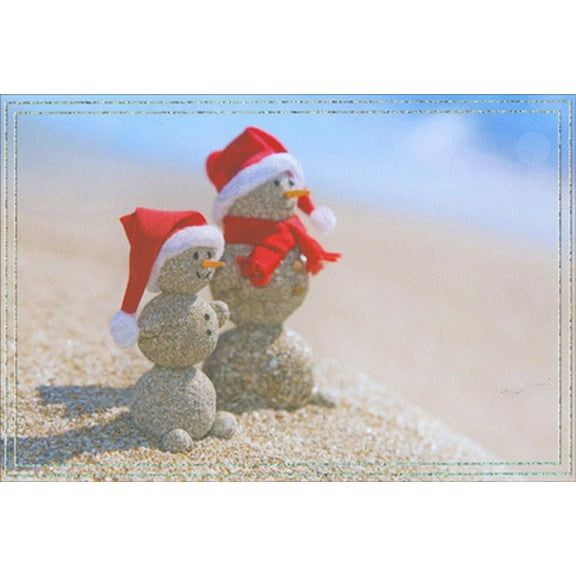 Pictura Sand Snowman Couple at Beach Warm Weather Christmas Card From Us