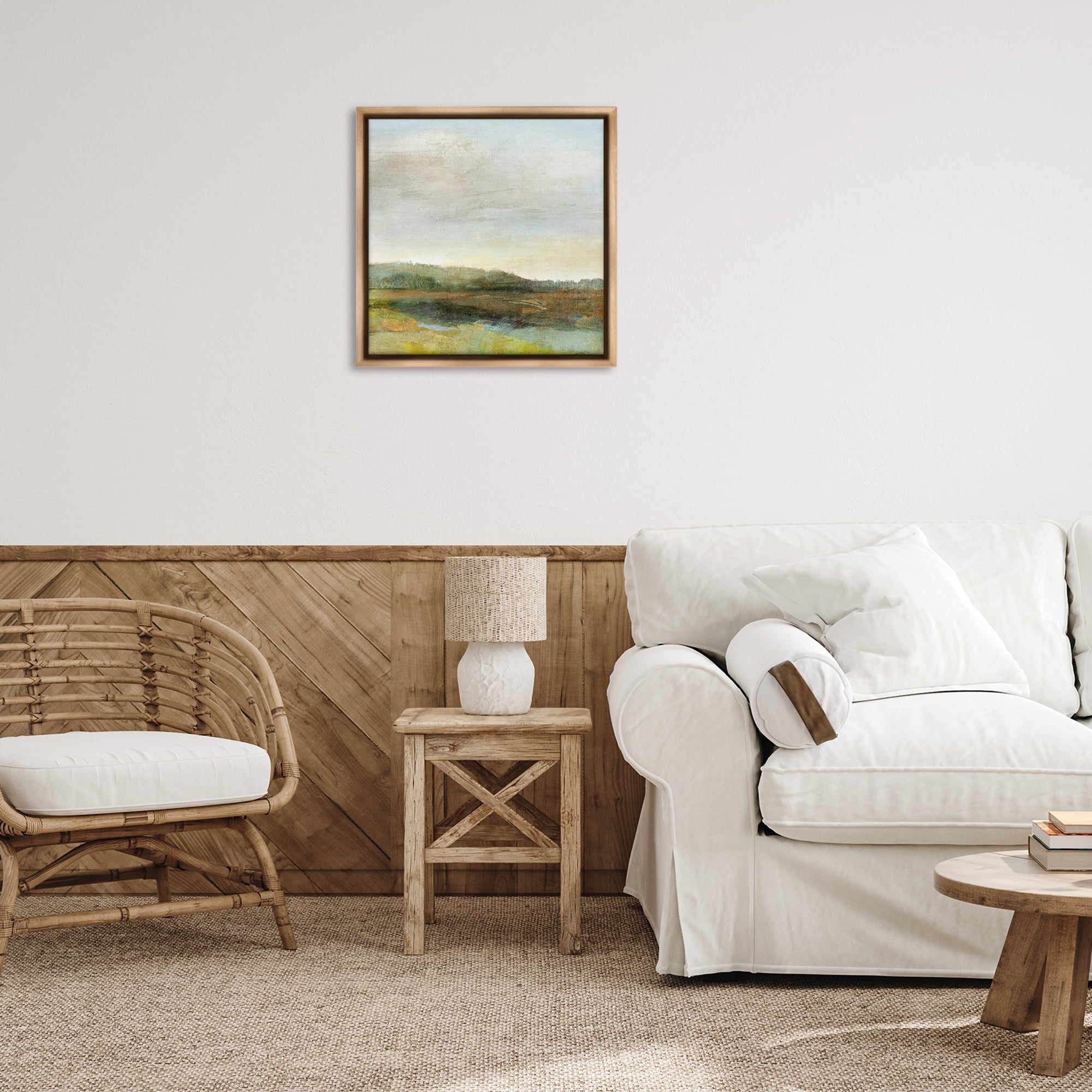 Stupell Industries Warm Summer Meadow Hills Landscape & Nature Painting Brown Floater Framed Canvas Art Print Wall Art, 25 x 25