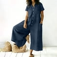 thumbnail image 5 of Women's Casual Jumpsuit Dressy V Neck Sleeveless Button Down Cotton Linen Overalls Vintage Elegant Wide Leg Cargo Pant Romper Fashion Summer Work Vacation Playsuits Navy L, 5 of 7