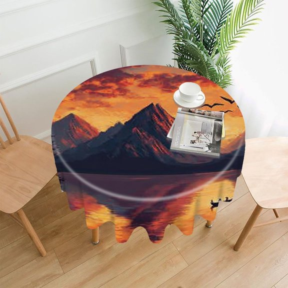 RKSupls 60 Inch Round Tablecloth, Mountain Lake Sunset Premium Polyester Straight Edge Wrinkle Resistant Washable Table Cover for Party Home Dining Decor