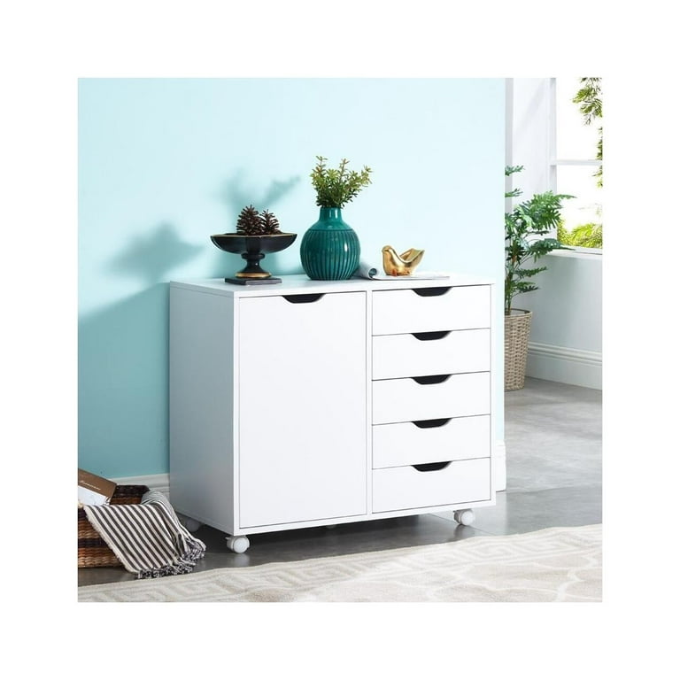 5 Drawer Chest, Wood Storage Dresser Cabinet with Wheels, Craft Storage Organization Inbox Zero Finish: White