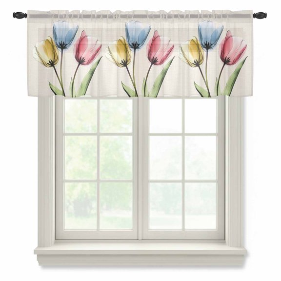 Red Yellow Blue Tulips Sheer Valances for Windows Transparent Floral Linen Retro Semi Sheer Kitchen Valance Rod Pocket Small Window Voile Curtains for Living Room Bedroom Laundry 54 x 18 Inch