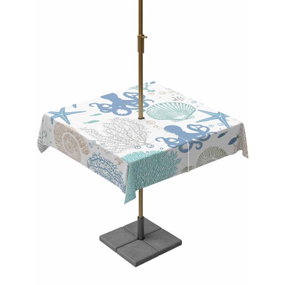 Outdoor Tablecloth with Umbrella Hole for Patio/Picnic/Party/Camping, Coral Octopus Coastal Waterproof Table Cloth Square Cover Washable, Blue Summer Nautical Starfish (60"x 60")