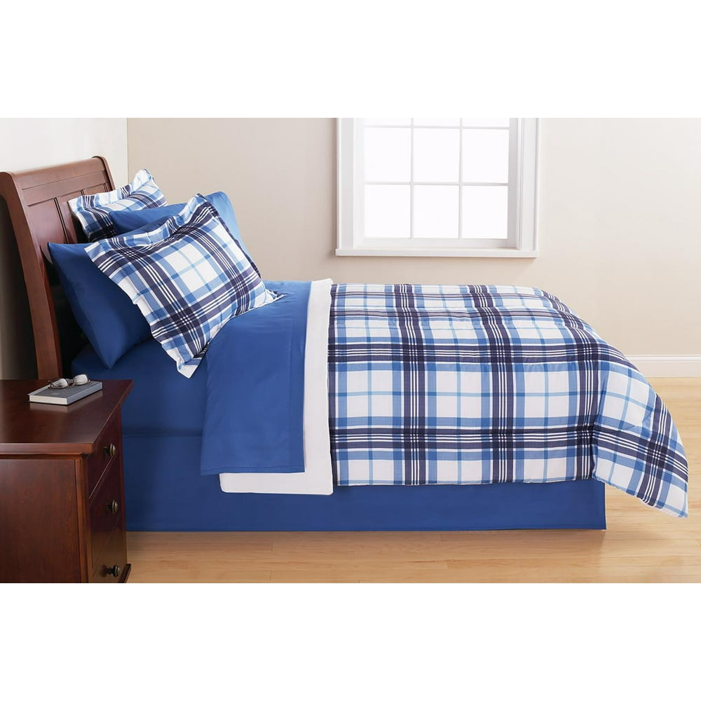 Mainstays Blue Plaid 8 pc Bed in a Bag Bedding Set, Queen - Walmart.com
