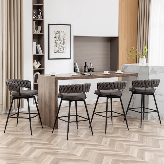 26 Inch Swivel Bar Stools Set of 4, Modern Woven Back Kitchen Island Chairs for Cafe, Bar Counter, Patio, Grey Finish
