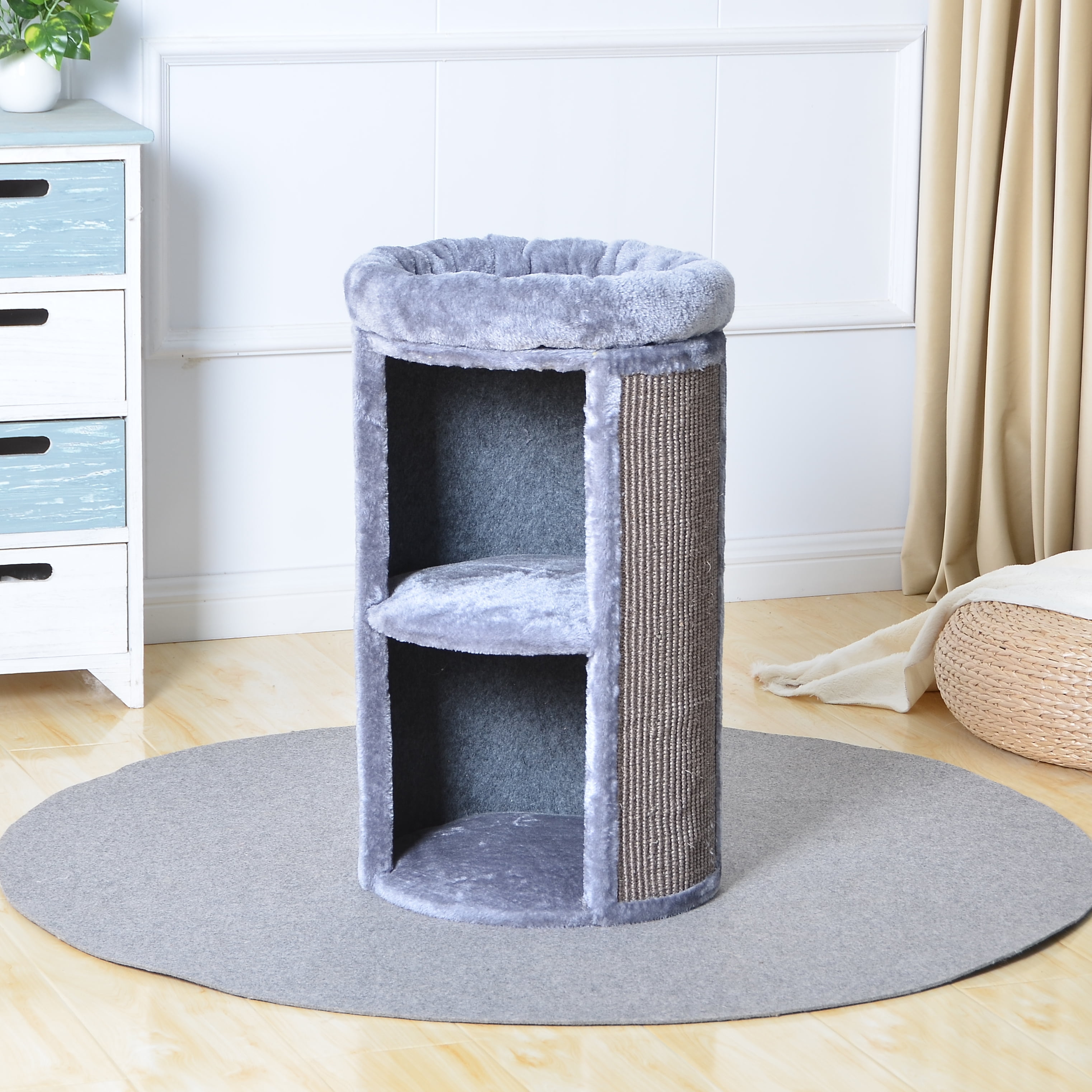 Two by Two Juniper Two-Level 25.5-inch Column Style Cat Condo, Bed and Scratch Pad