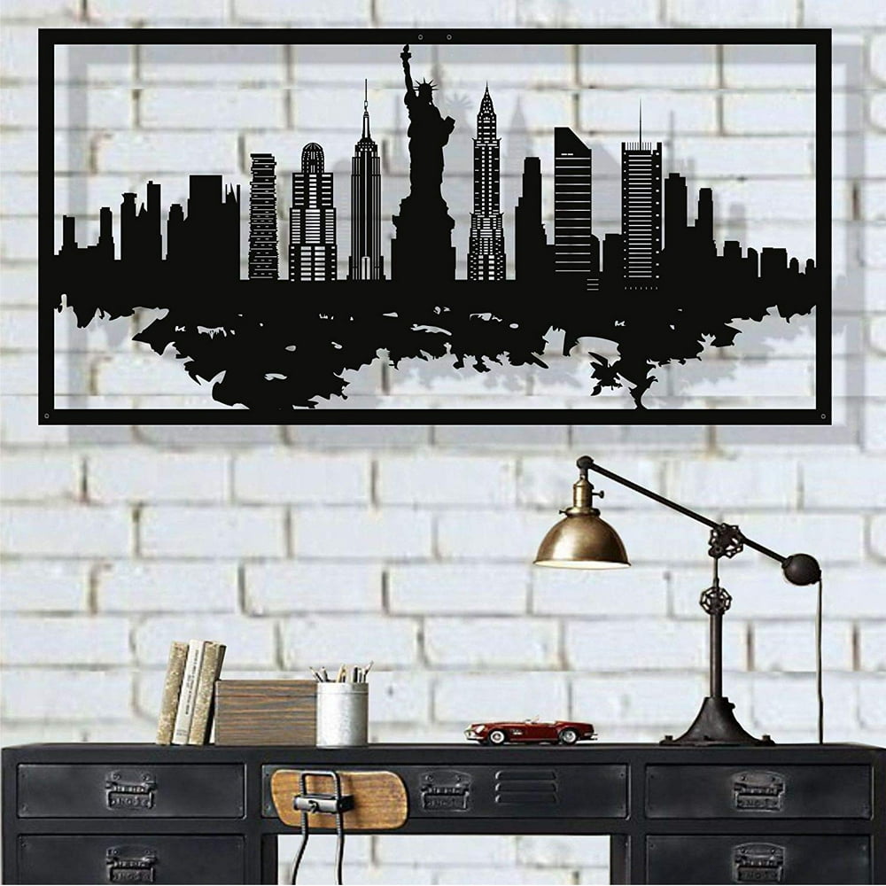 LaModaHome Metal Wall Art, New York Skyline City Silhouette, Metal Wall