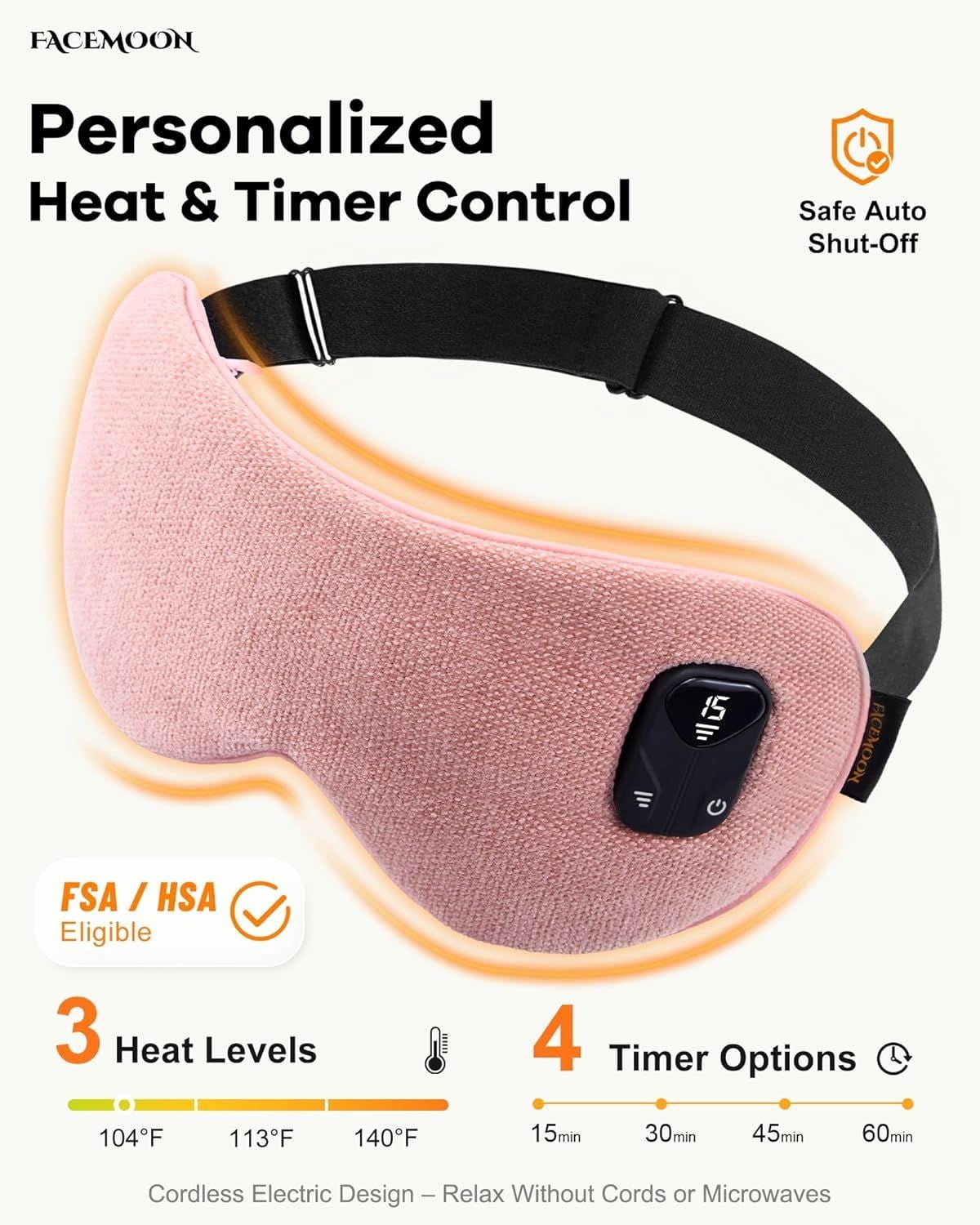 FACEMOON Heated Eye Mask Cordless Rechargeable Warm Comfort for Eye Relaxation Natural Flaxseed Moist Heat Sleep Aid Pink