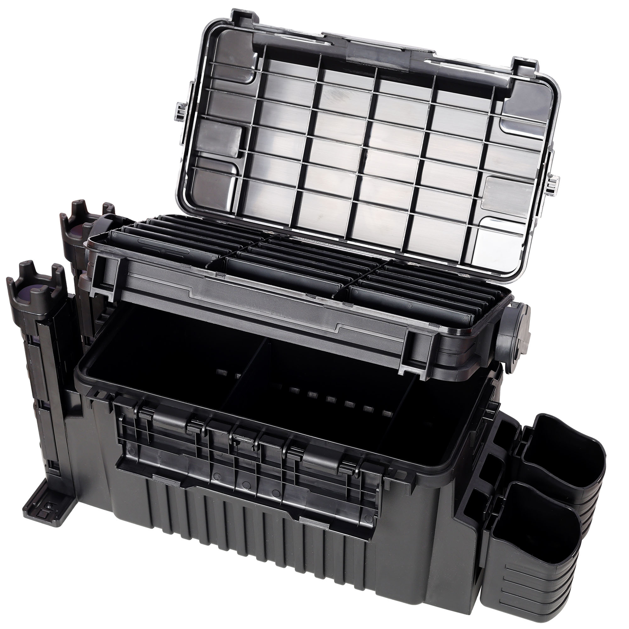 Dual-layer Fishing Tackle Box,Tackle Box Organizer Fishing Box Large,With 2pcs Rod Holder,2pcs Cup Holder,1pc Carring Strap, Black