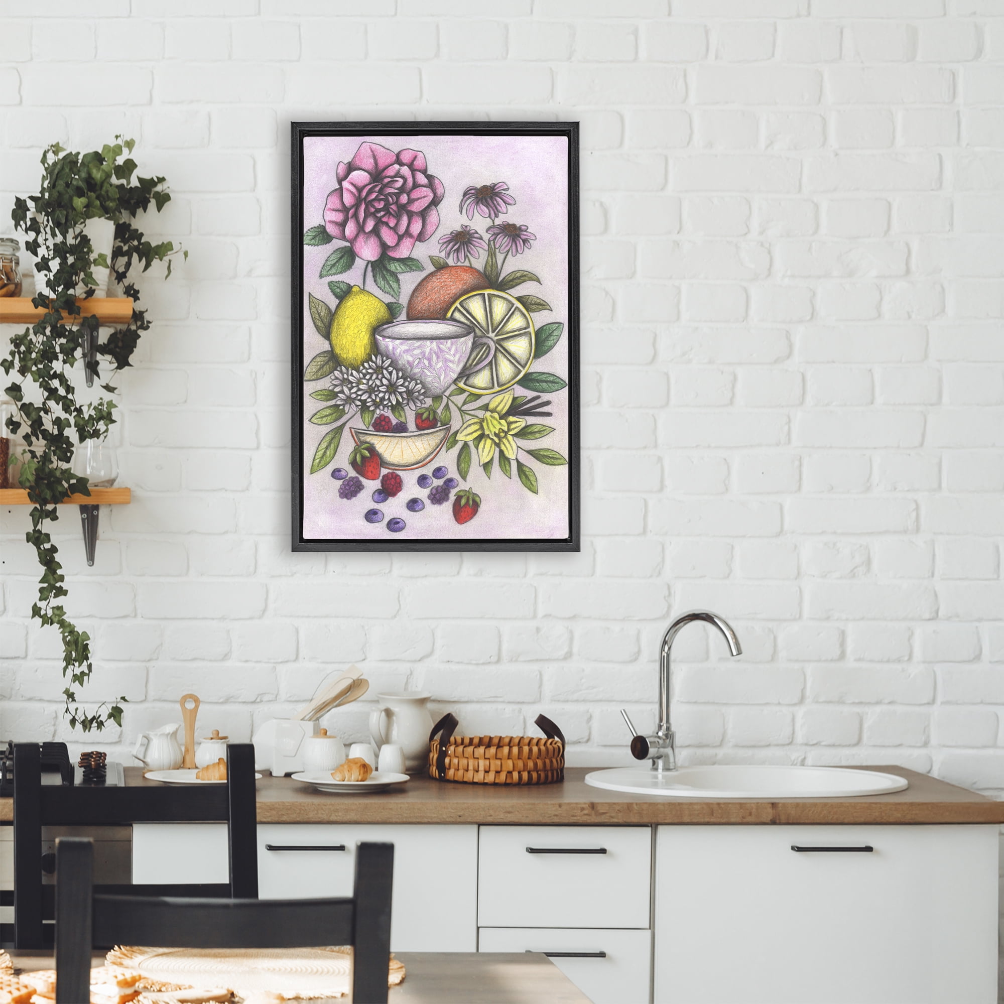 Rococo Tea with Fruits Black Framed Floater Canvas Wall Art, design by Cecilia Battaini