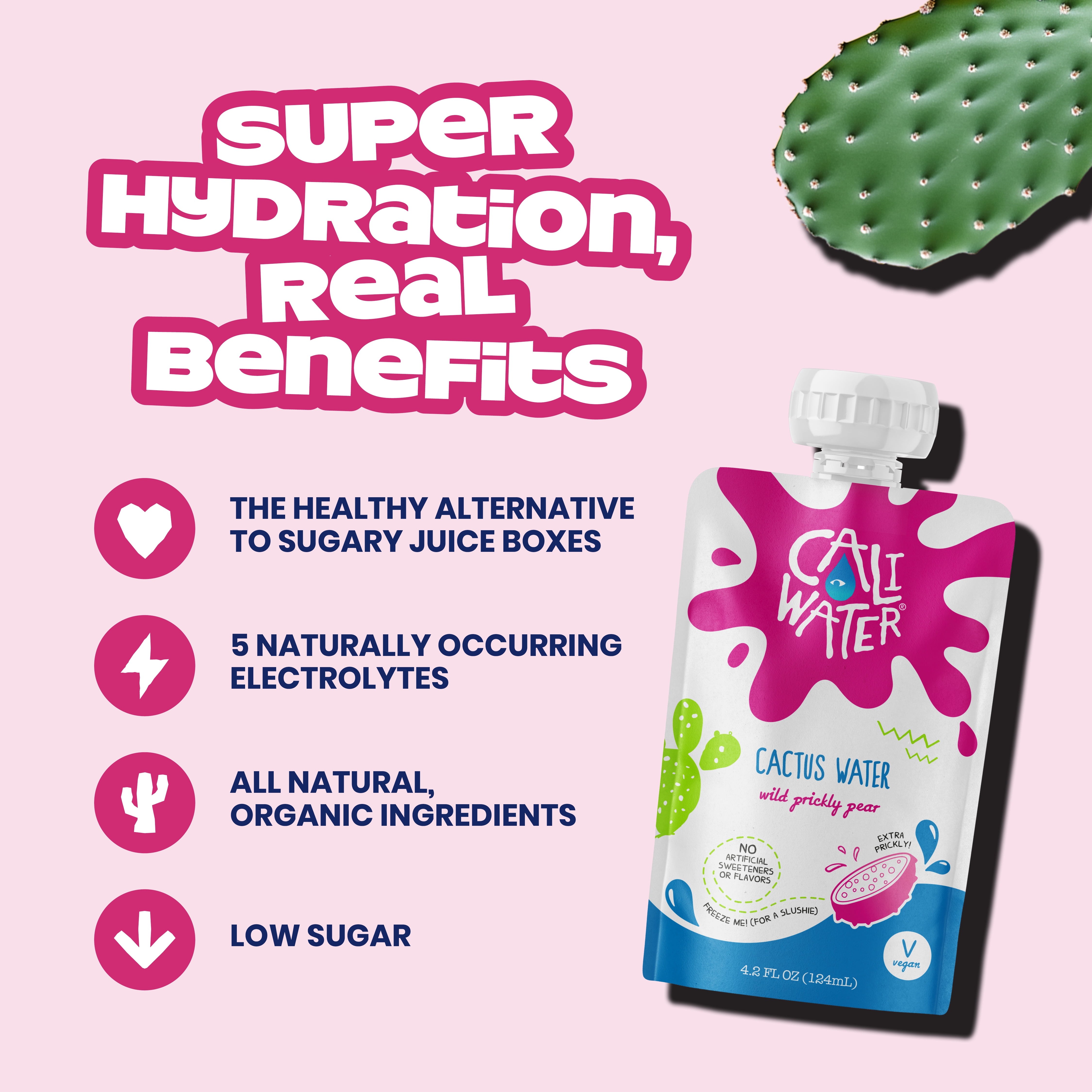 Caliwater Kids Pouch Organic Cactus Water Wild Prickly Pear, Coconut Water Alternative, Juice Box Hydration, Electrolyte Drinks, Flavored Waters, 24-Pack 4.2oz/pouch 3g Sugar, 10 Calories