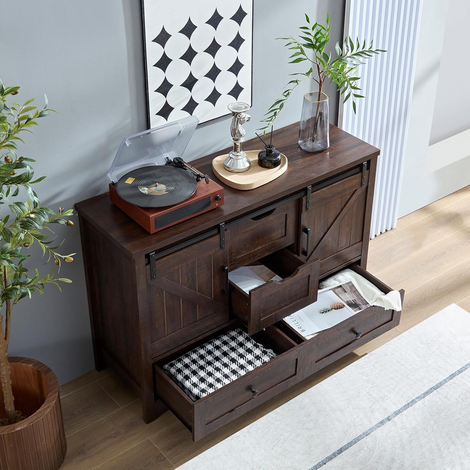 BOSHIRO 4-Drawer Double Sliding Barn Door Dresser, Espresso Brown, Farmhouse Wide Chest for Bedroom and Living Room