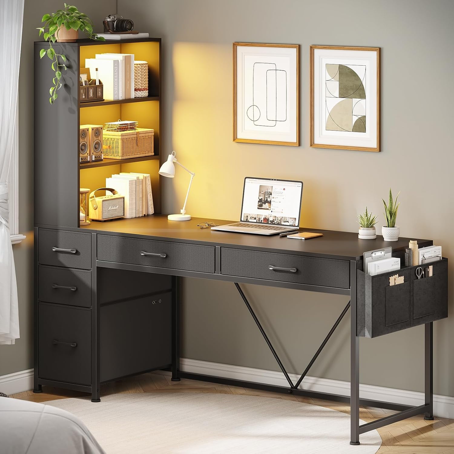 47" Home Office Desk with Bookcase & Storage Bag, Reversible Computer Desk with 5 Drawers and 3-Tier Bookshelves, Gaming Desk with Storage and Led Lights for Small Space, Black