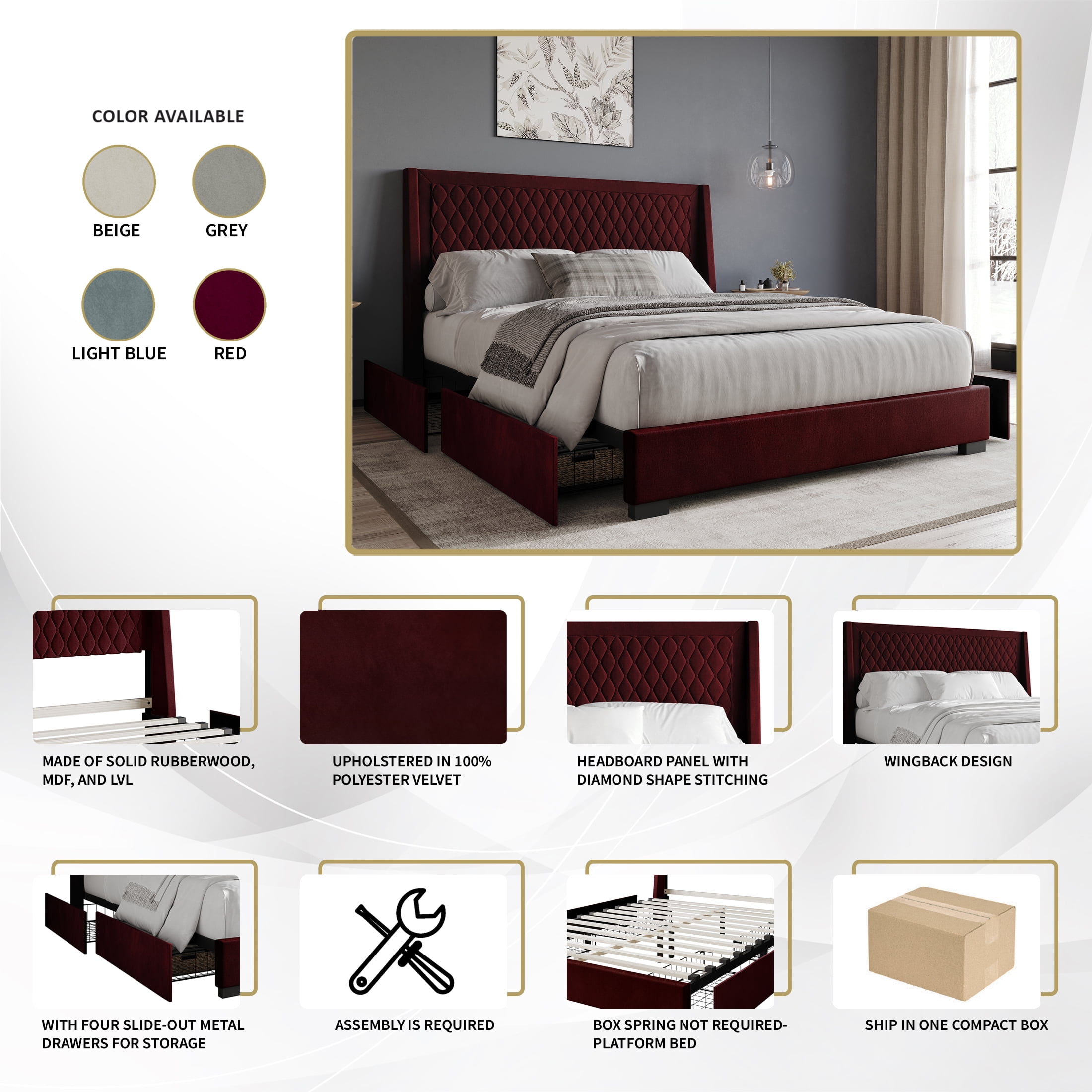 Castle Place Elegant Retreat Diamond Stitch Velvet King Platform Bed with Storage Drawers, Light Blue