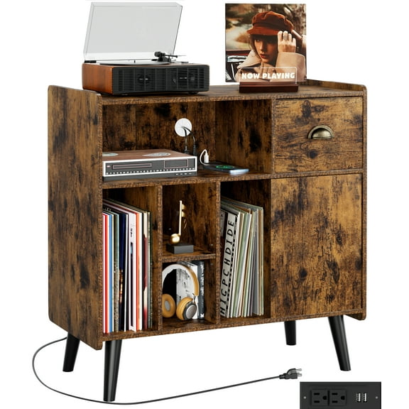 Luxmo Record Player Stand with Vinyl Storage, Vinyl Record storage Cabinet with Charging Station, Turntable Stand Record Table Display with Wood Legs for Bedroom Living Room