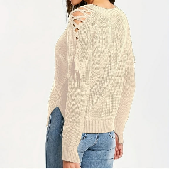 Women's Sweater Off Shoulder Lace Up Long Sleeve V Neck Pullover Tops Beige S