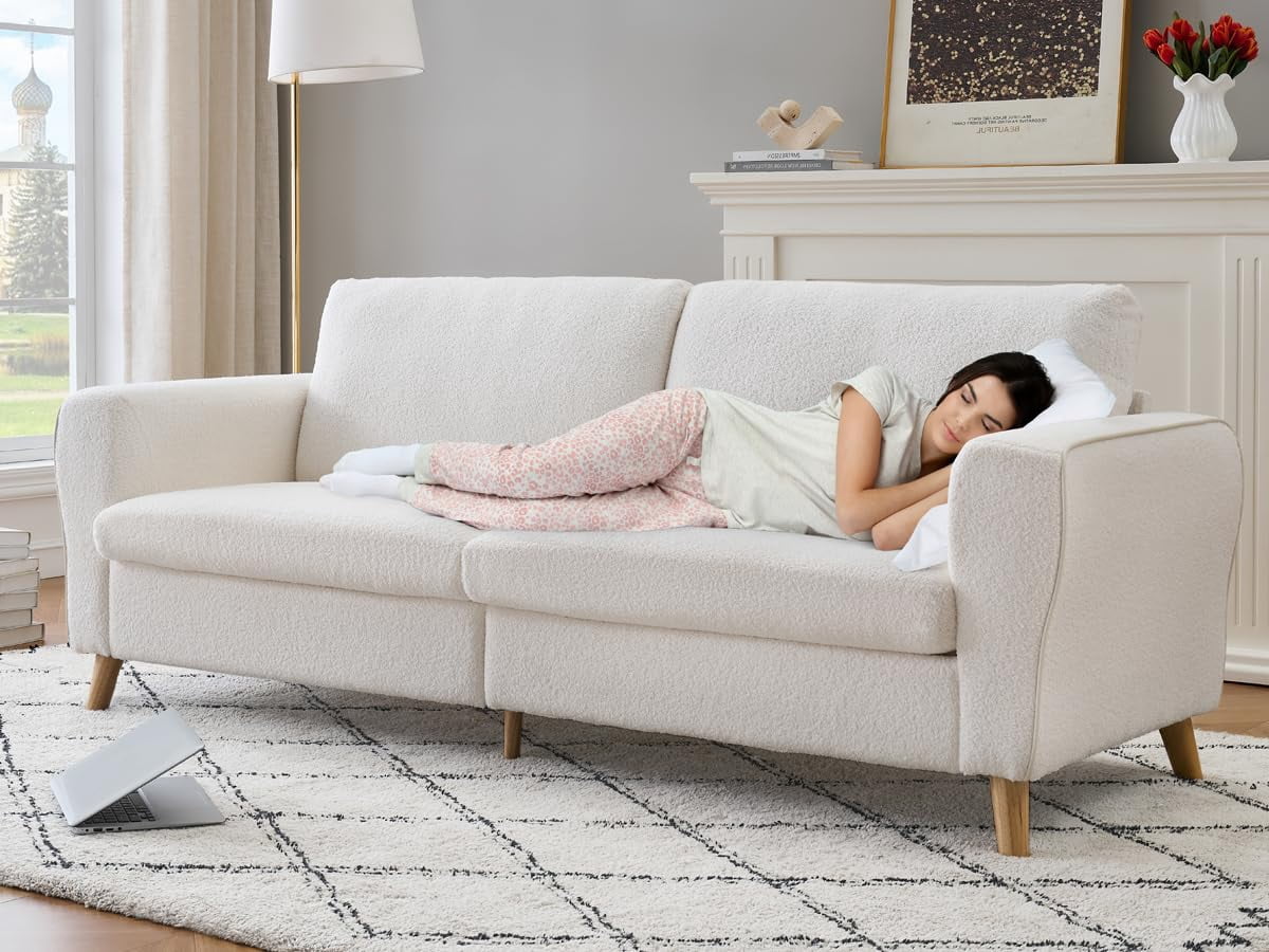 Luku 84" Modern Boucle Sofa Couch, Plush White Loveseat with Streamlined Armrests & Wooden Feet for Living Room