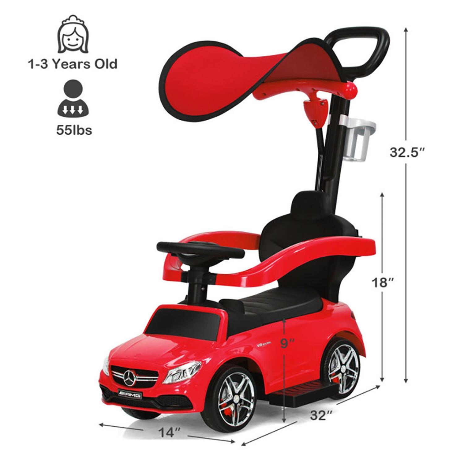 CIPACHO 3-in-1 Toddler Stroller, Push & Pedal Ride-On, Red, for Ages 1-3 Years