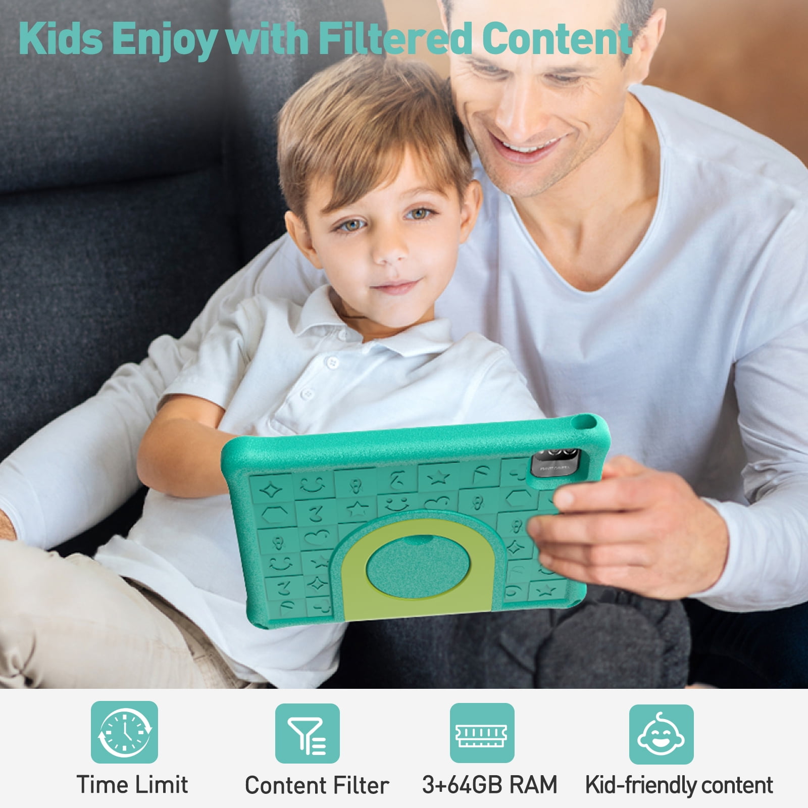 Android 14 Kids Tablet 10.1 inch with Case, 3GB RAM 64GB, IPS Touch Screen, Quad-Core,1280x800 | Wi-Fi6 | 6000mAh | Google Certified(Green)