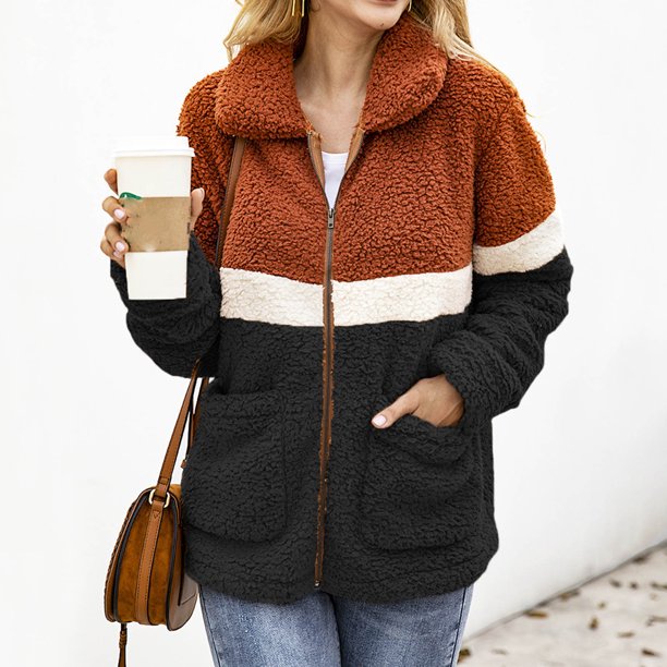 Pntutb Mujer Otoño Invierno Solapa Colorblock Manga Larga Botón Felpa Chaqueta tops Rollbacks Pntutb Pntutb-3935