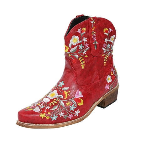 

PLLFRLRT Cowboy Boots for Women Embroidery Mid Calf Low Block Heel Booties PU Western Boots Casual Put on Black Cowgirl Boots(Red 8)