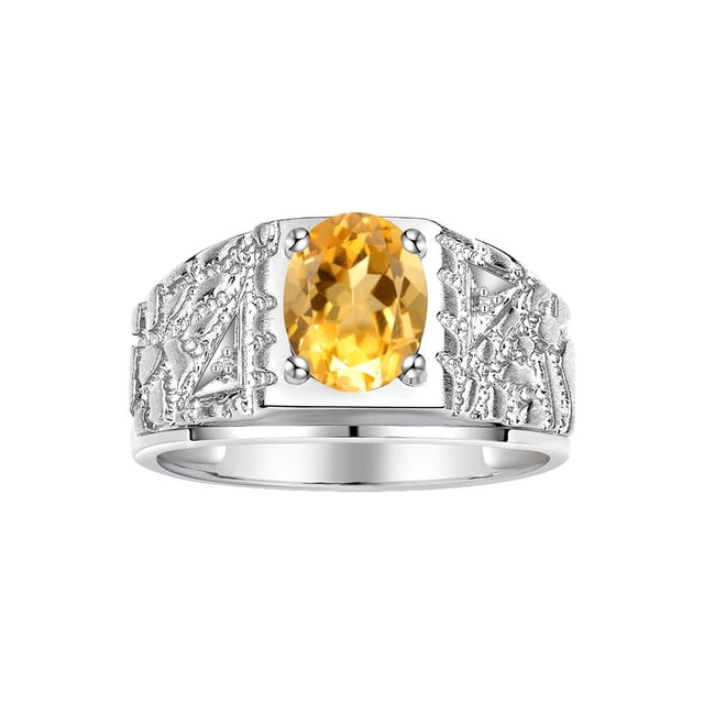RYLOS Men's Rings Sterling Silver Designer Nugget Ring Oval 9X7MM Gemstone & Diamonds Citrine November Birthstone Rings For Man Size 12