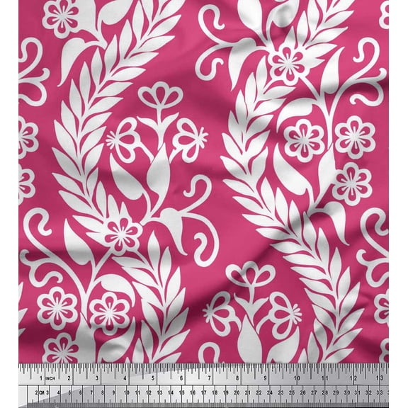 Soimoi Silk Fabric Waves,Leaves & Floral Artistic Printed Fabric 1 Yard 42 Inch Wide