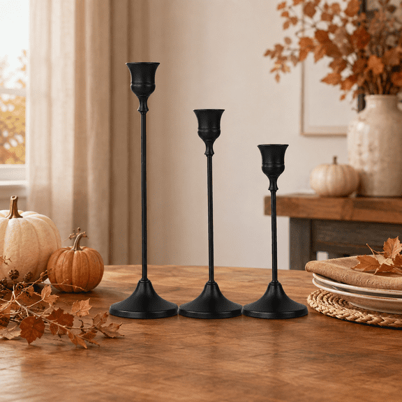 Candle Holders Set Of 3 Black Metal Taper Candle Stands With Different Heights Vintage Table Centerpiece Decor For Halloween Fall Home Dining Room Black