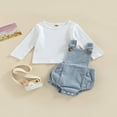 thumbnail image 2 of Baby 2PCS Spring Romper Suit  Long Sleeve Plain Ribbed Crew Tops+ Buckle Shoulder Straps Snap Triangle Suspender Romper, 2 of 7
