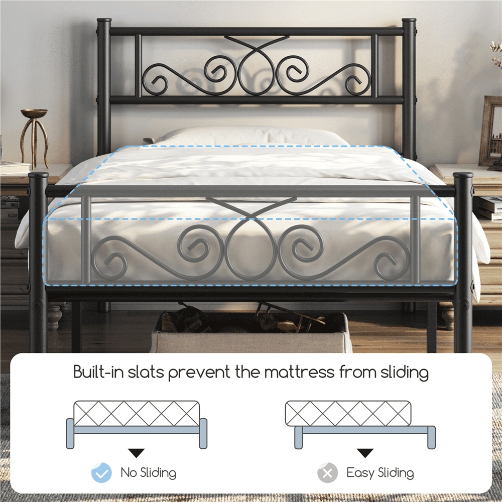 Fullfurnique Metal Platform Bed Frame with Scroll Headboard and Footboard, Queen, Black