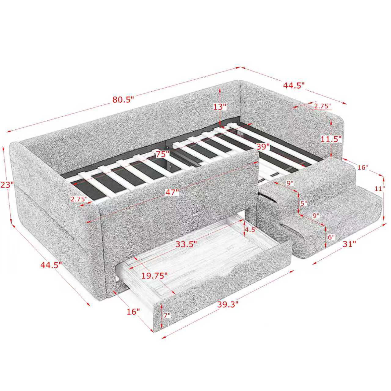 Twin Size Kids Bed Frame with Guardrails and Storage Drawer Upholstered Toddler Bed with Step Stool Boucle Platform Bed for Kids Bedroom, Orange