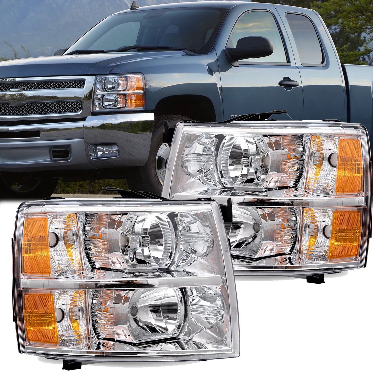 For 2007-2013 Chevy Silverado 1500 2500 HD Chrome Housing Headlights Left+Right