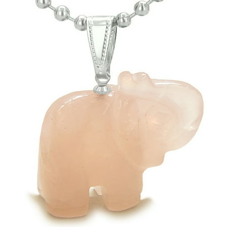 Rose Quartz Cross Necklace - Amulet Lucky Charm Elephant Totem in Rose Quartz Good Luck Powers Pendant 18 Inch Necklace