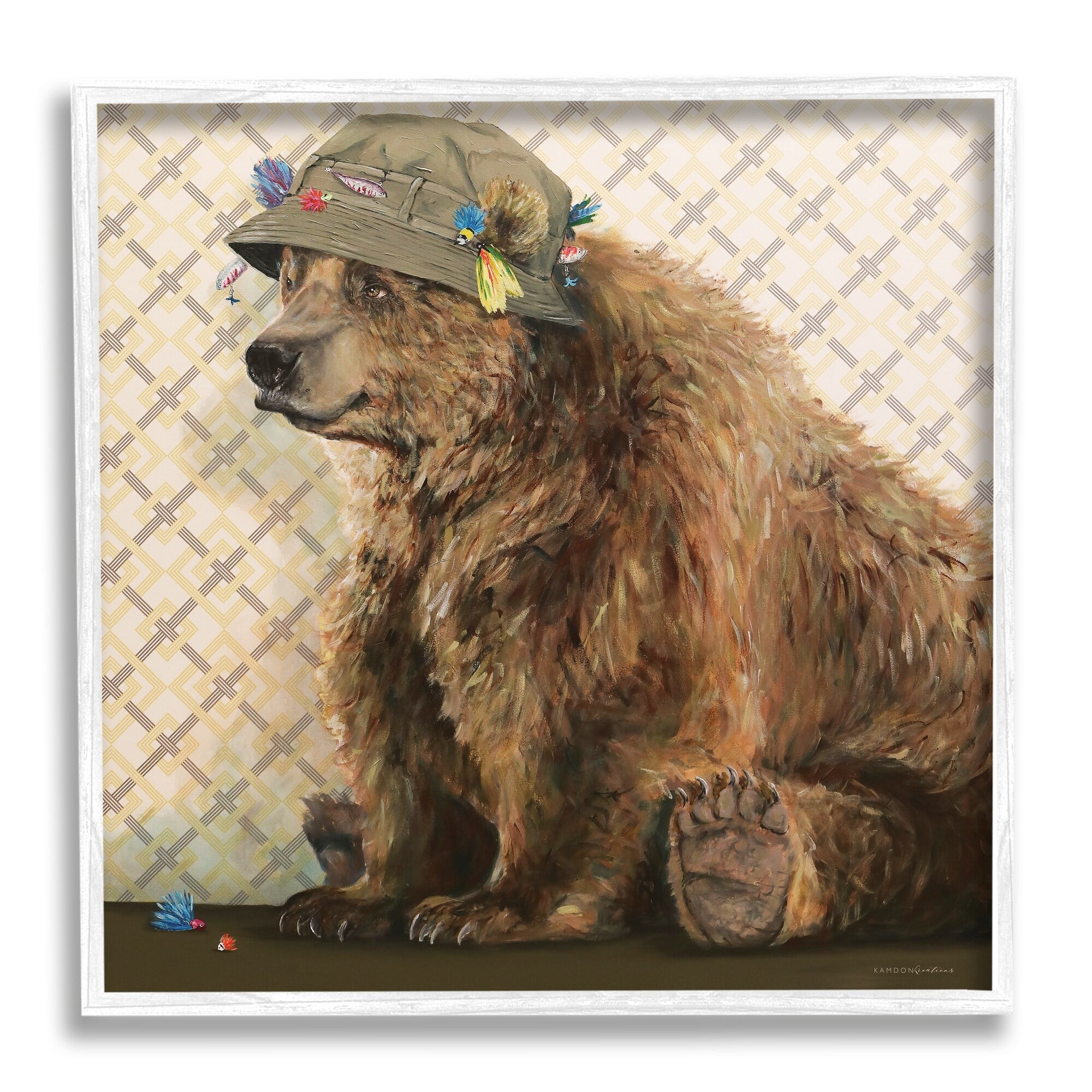 Stupell Industries Rustic Brown Bear Wearing Fisherman's Hat Geometric Pattern, 12 x 12, Design by Kamdon Kreations
