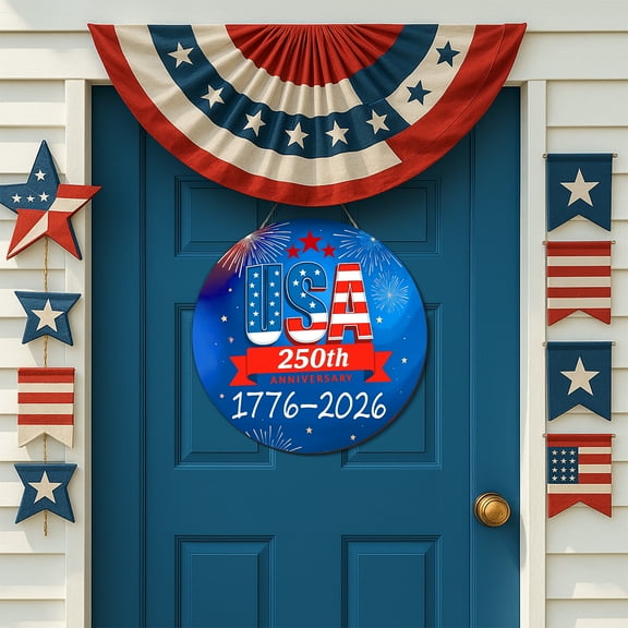 USA 250th Anniversary Door Wreath Hanging Door Sign, Blue Red Fireworks 250th Anniversary Patriotic Home Decor
