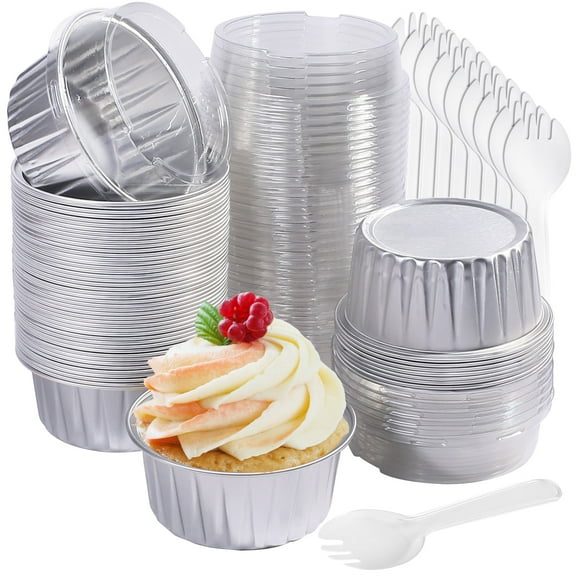LotFancy Mini Cake Pans with Lids (50pcs, 5oz), Aluminum Foil Baking Cups, Cupcake Pan, Silver