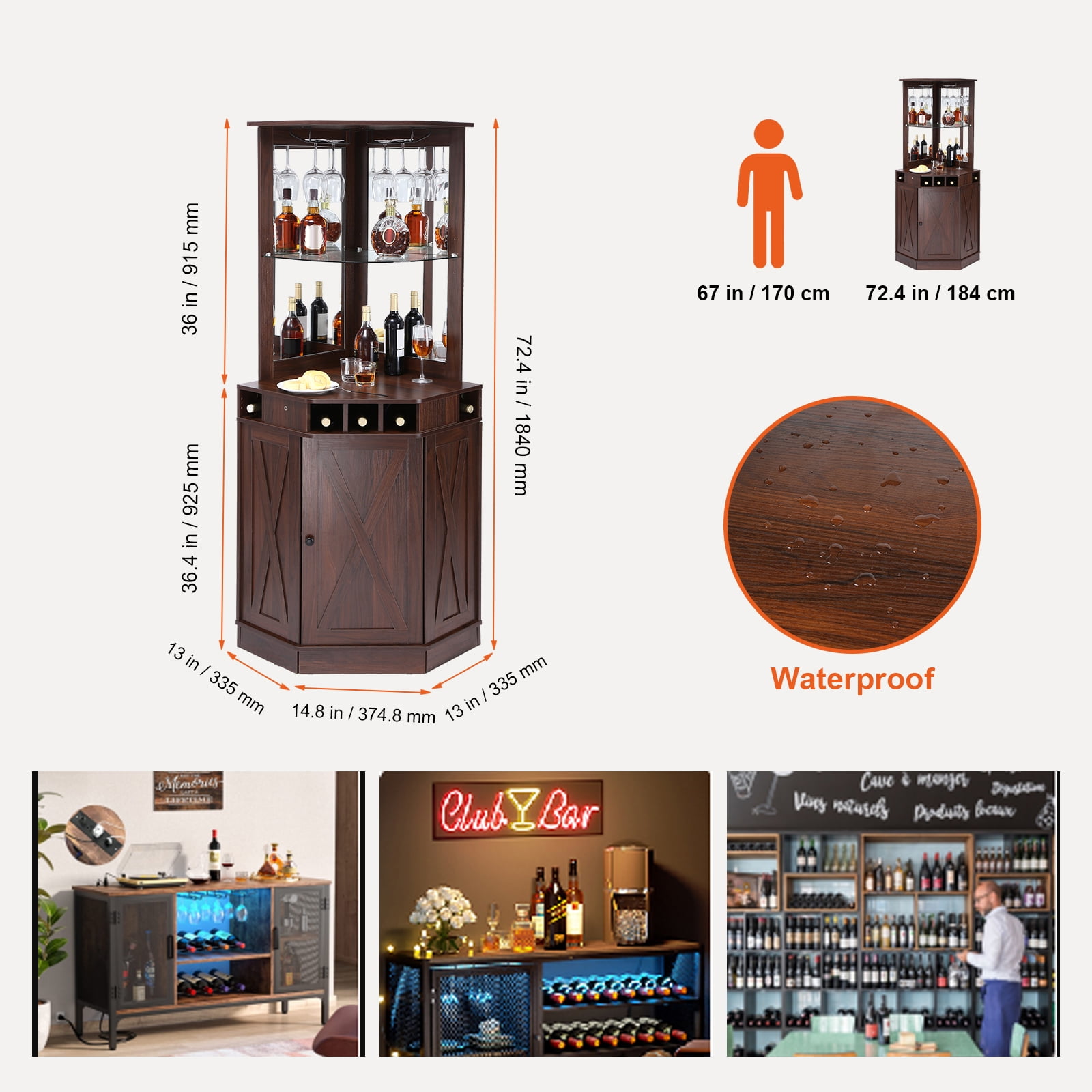 KFFKFF Corner Commercial Bar Storage, Liquor & Glassware Table, Buffet Sideboard with Glass Rack, Independent Wooden Beverage Cabinet for Lounge, Household Bar, Dark Walnut