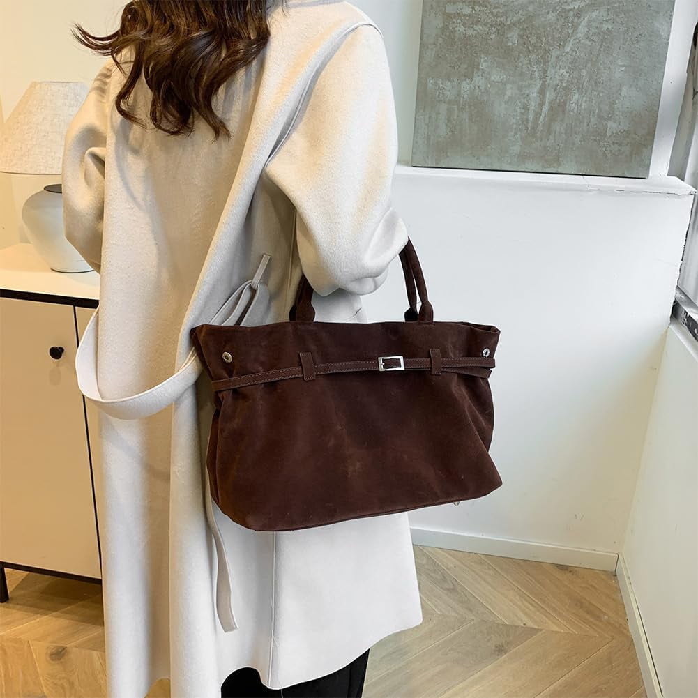 Suede Tote Bag for Women Slouchy Work Tote Bag Faux Suede Top Handle Bag Retro Brown Suede Handbag Purse